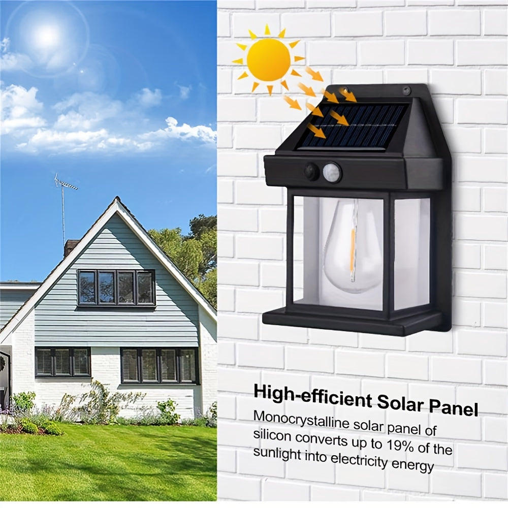 Solar-powered Staaricc tungsten wall lamp for outdoor garden lighting with motion sensor, 3 lighting modes, IPX-4 water resistance, lithium battery, and incandescent light source.