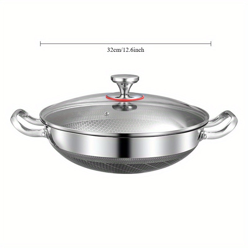 Stainless Steel Wok Pan with Honeycomb Design, Available in 32/34/36cm Sizes, Non-Stick, Low Smoke, Suitable for Induction & Gas Stoves, Food Contact Safe, Option to Include Lid or Not