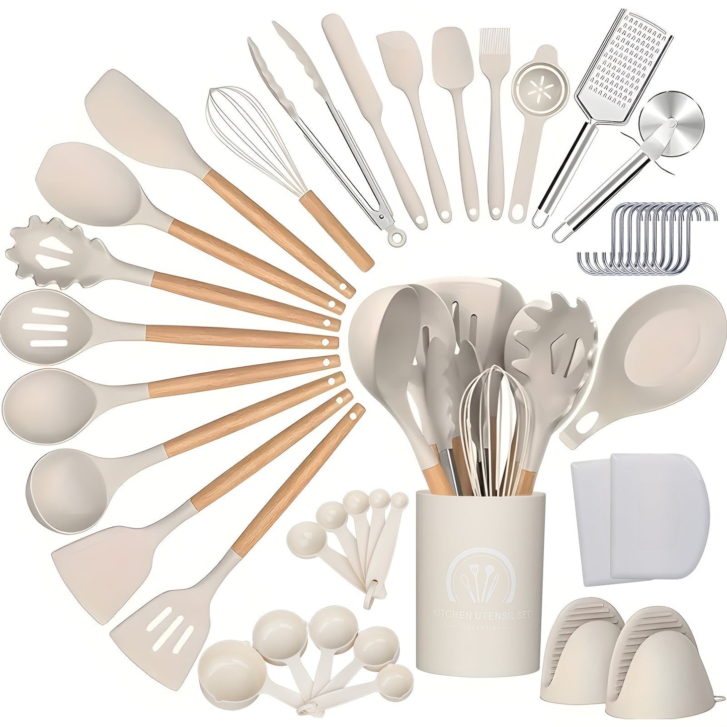 Complete your kitchen collection with the 43-piece Ultimate Kitchen Utensil Set. This set includes a variety of silicone and stainless steel cooking tools with stylish wooden handles, perfect for baking, grilling, and more. The set features spatulas