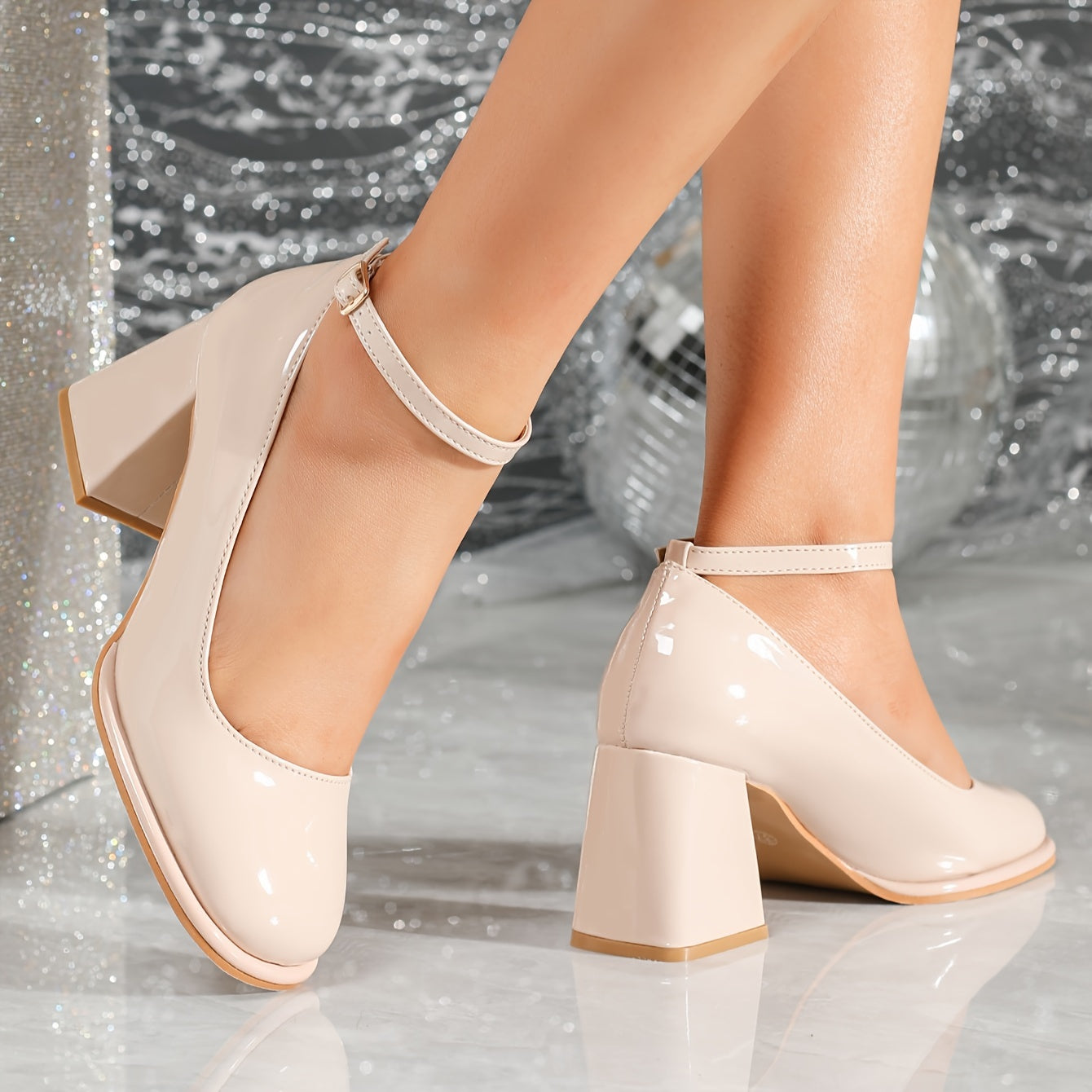 New fashion thick heel high heels with pearlescent paint and zipper buckle for women in 2024.