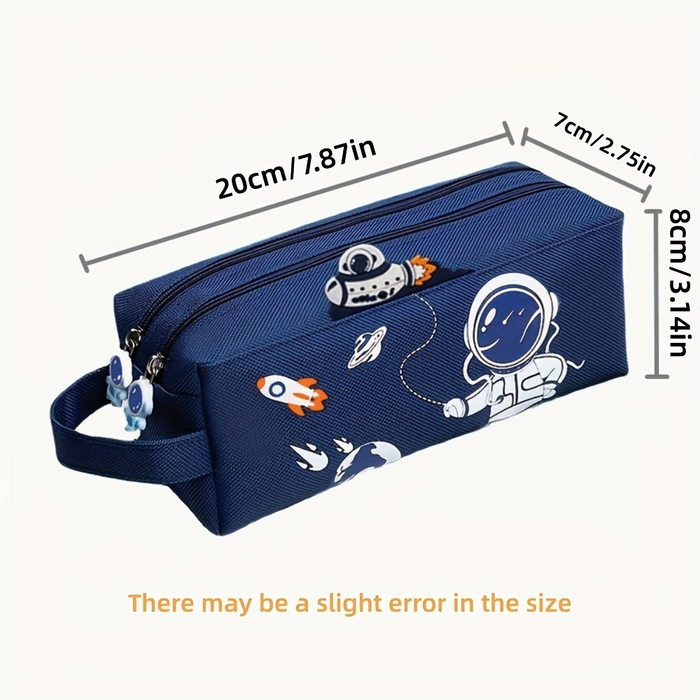 Space astronaut pencil case with cartoon animal design, double-layer canvas storage bag for school supplies.