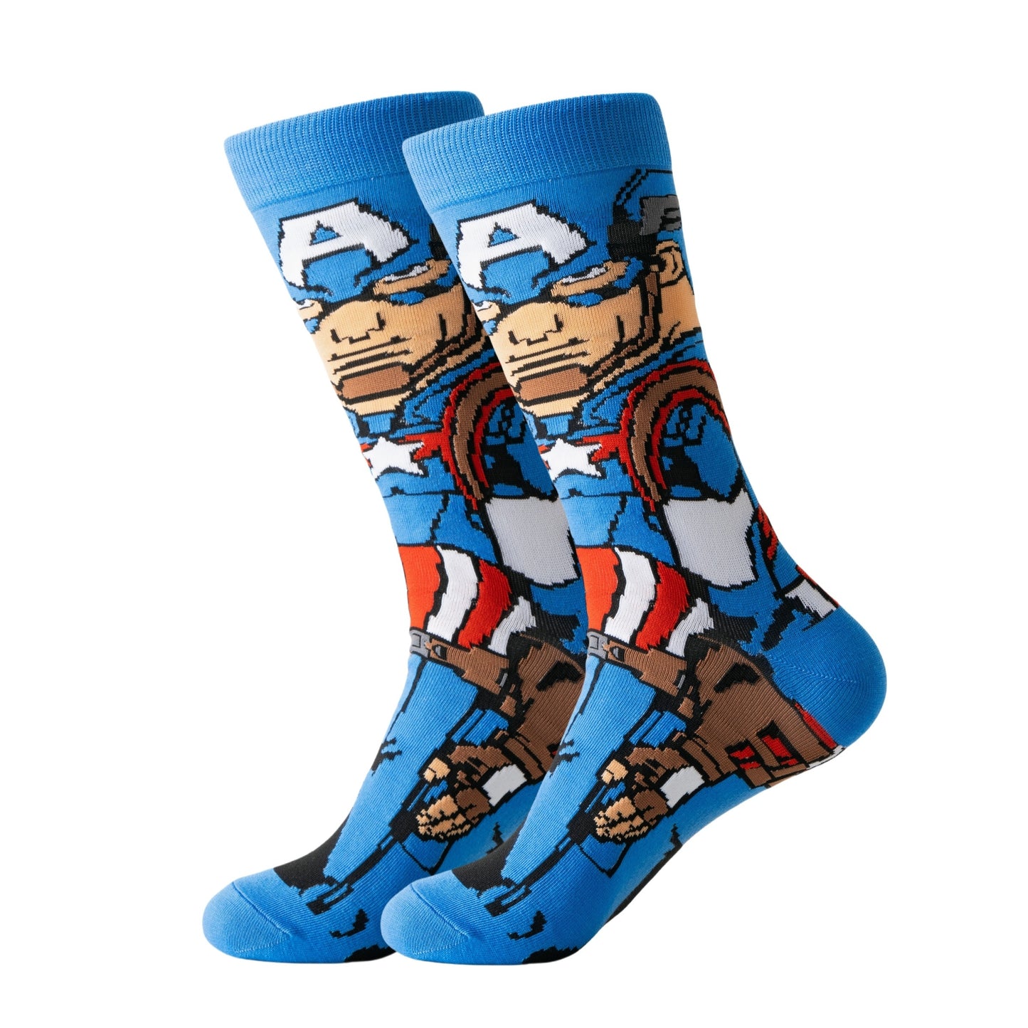 5/10/20 pairs of men's cartoon crew socks made of 97.8% Polyester and 2.2% Spandex. Breathable knit fabric with casual street style, suitable for all seasons outdoor wear. Hand washable.