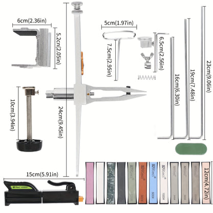 The RC-002A Professional Knife Sharpener System includes Whetstones, a Carry Case, and features a 360° Rotation Flip Design. It also includes a Fixed-Angle Stainless Steel Kitchen Chef Knife Sharpening Kit and Abrasive Holding System Tools.