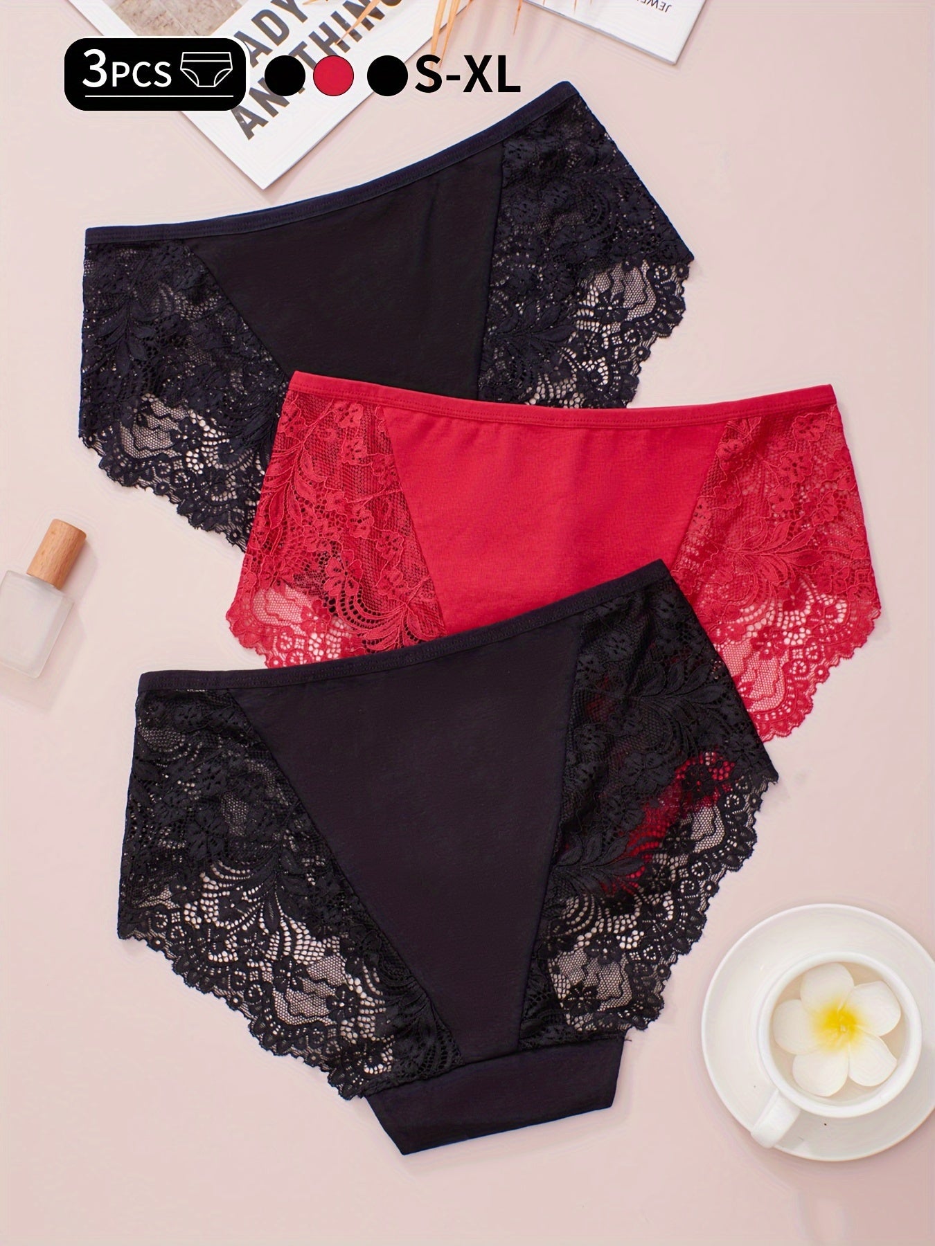 Three high rise, soft and breathable lace briefs for women's lingerie and underwear.