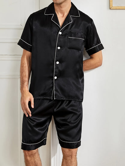 Men's casual solid color pajama set featuring a short sleeve button-up top and shorts. Made of a breathable polyester blend, machine washable. Perfect for spring/summer, leisure style.