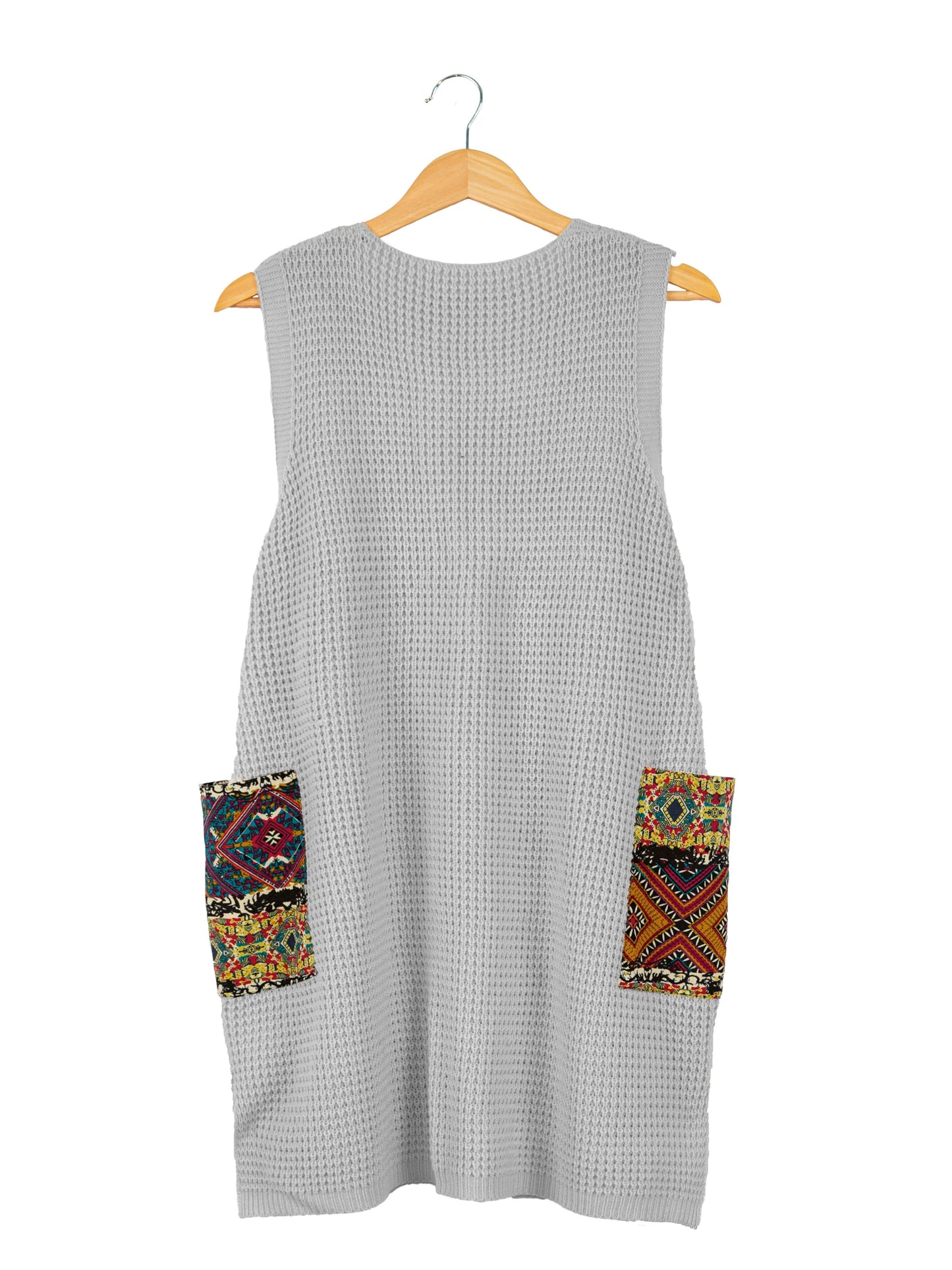 Plus size casual V-neck printed sweater vest dress with pockets.