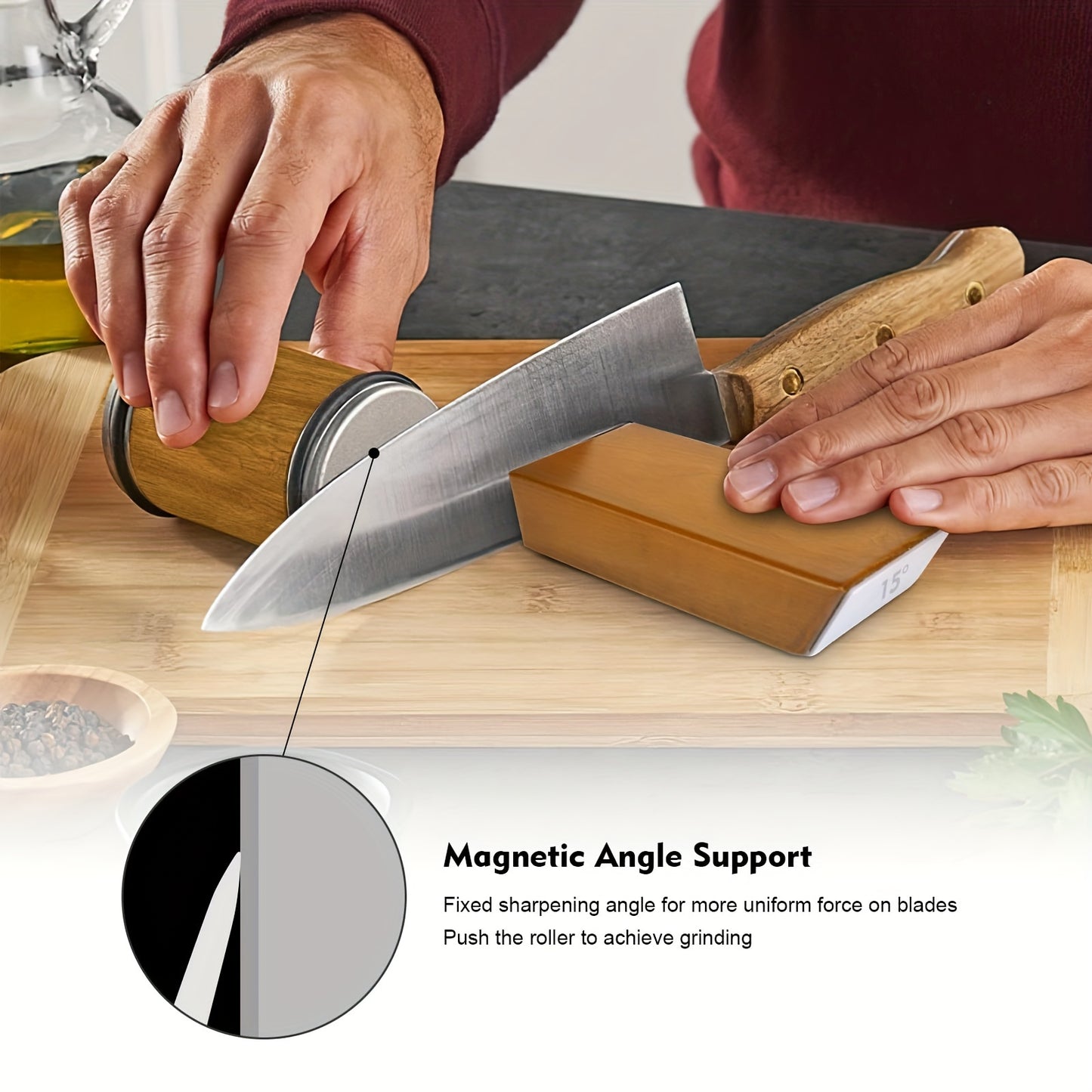 Rolling knife sharpener kit with diamond for any hardness of steel and magnetic angle technology with 15° and 20° angles, set for kitchen knives.