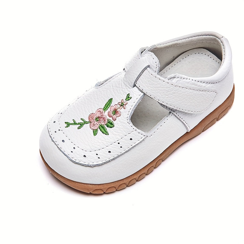 Toddler girls' flower T-strap sandals, lightweight anti-skid Mary Jane flats.