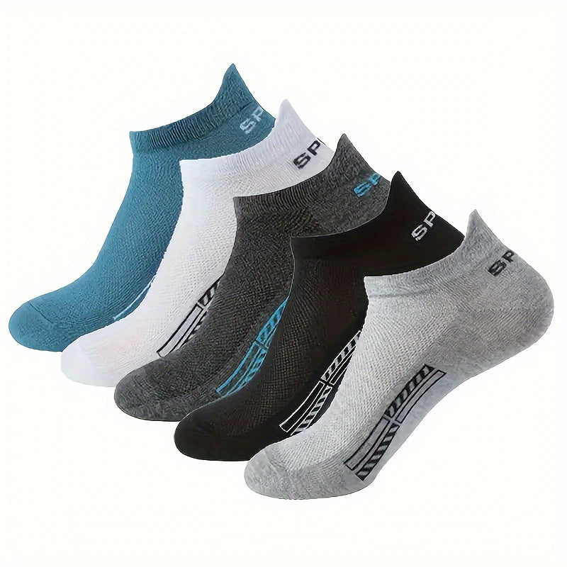 5 pairs of unisex alphabet pattern athletic ankle socks made of breathable mesh knit fabric, 100% polyester for men and women