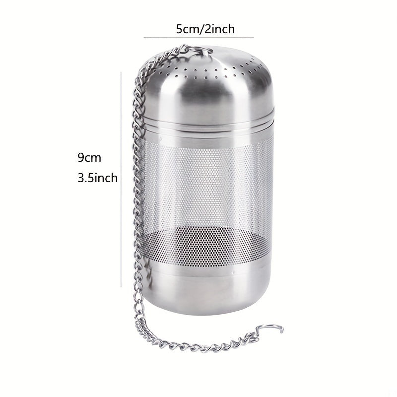 One piece of a large tea infuser made of 304 stainless steel with a mesh tea ball design. This food-grade tea strainer includes an interval diffuser and an extended chain hook for loose leaf tea and coffee. Perfect for coffee accessories.