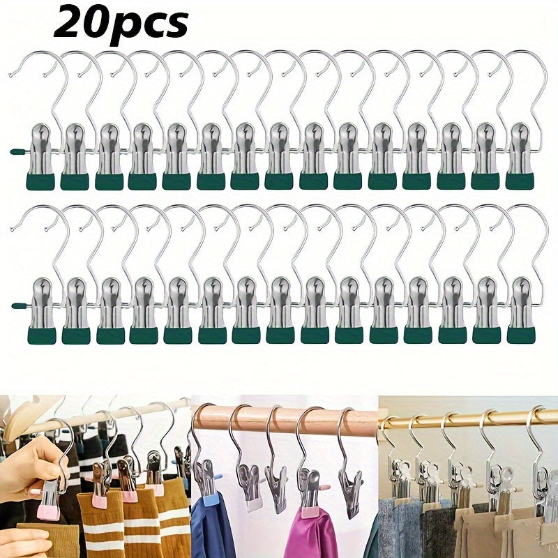 Set of 20 Stainless Steel Multi-Use Clips with Hooks - Versatile Hangers for Laundry, Pants, Hats & Skirts - Swiveling Storage Organizer