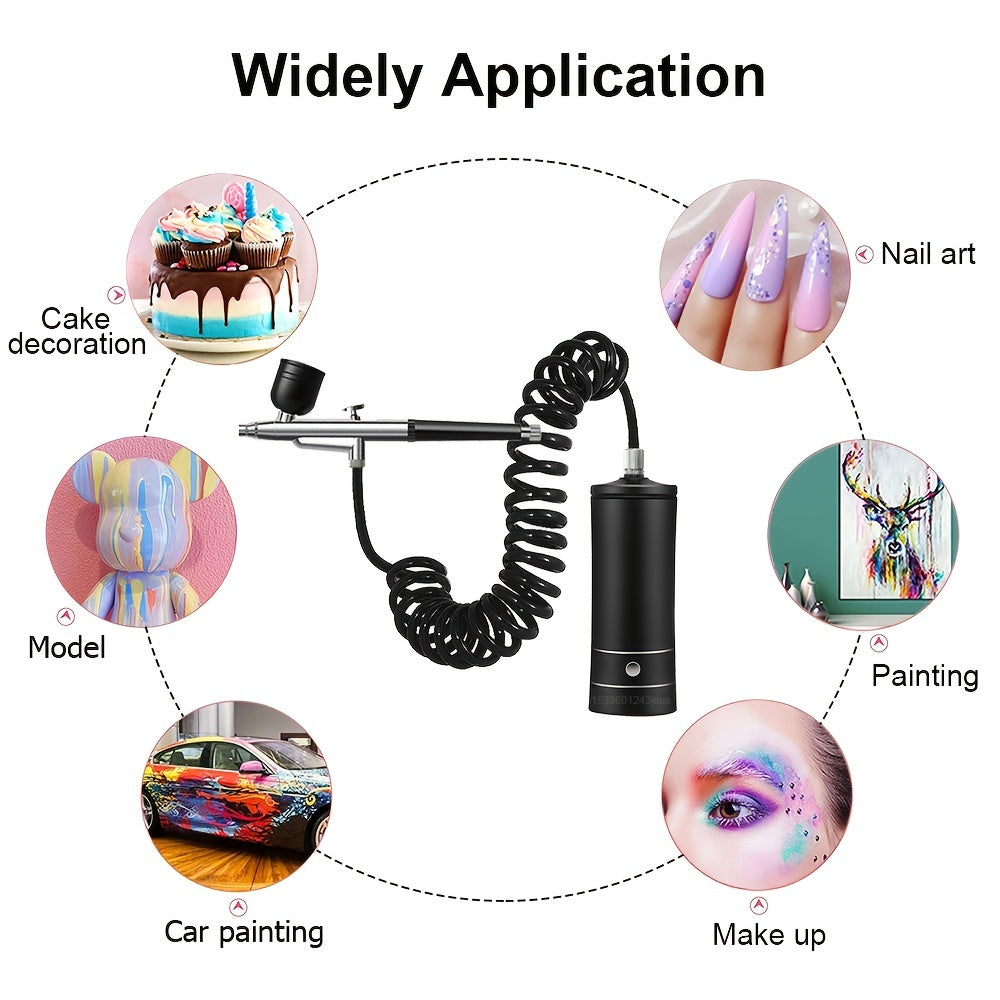 Portable, rechargeable airbrush kit with compressor and handheld gun for painting, art, and home decoration. Features 0.3mm tip.