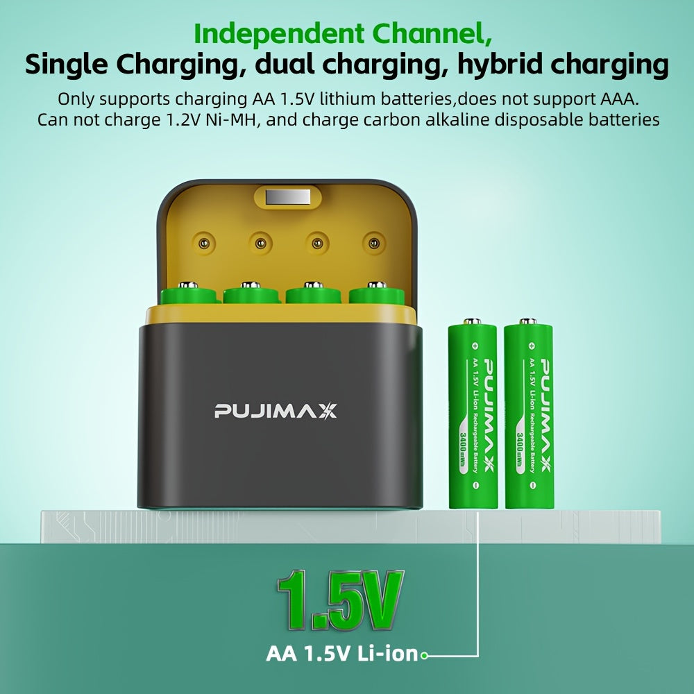 8pcs PUJIMAX 3400mWh lithium battery bundle with all-in-one yellow charging box. Supports only 1.5V rechargeable lithium batteries.