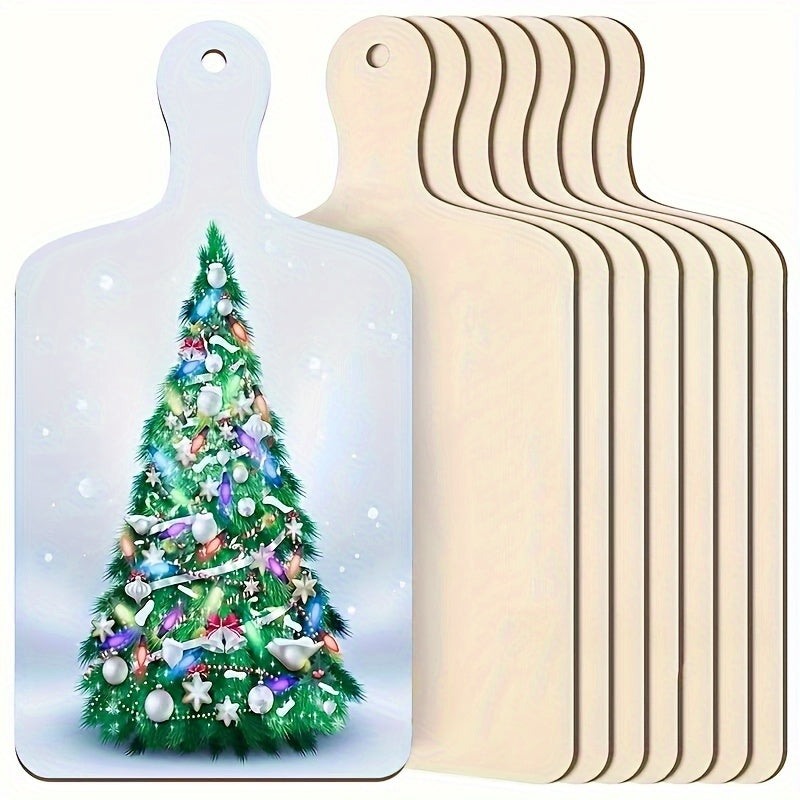 Three wooden DIY cutting board crafts, classic Christmas decorative hanging ornaments measuring 11.8x21cm, rustic wood plaques for painting measuring 4.64x8.26 inches, and wood coasters for dining.