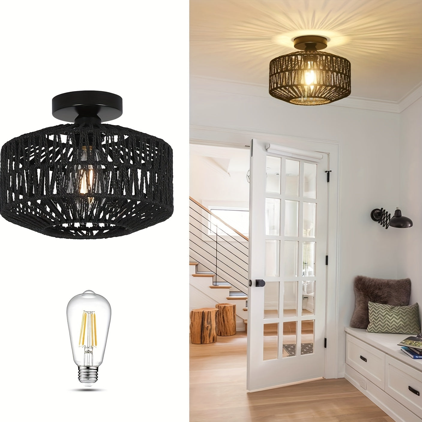 Bohemian style semi-flush mount ceiling light fixture with hand-woven rattan shade and modern metal frame. Energy-efficient, hard-wired, E26 medium bulb base. Suitable for bedroom, living room, kitchen, hallway. Light source not included.