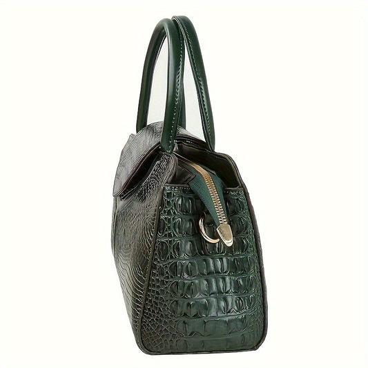 Stylish women's crocodile-embossed handbag in black with green accents, featuring a versatile crossbody and shoulder design made of durable PU material.