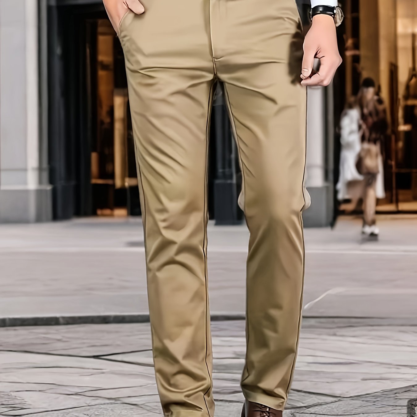 Men's formal solid color stretch dress pants with classic design for business