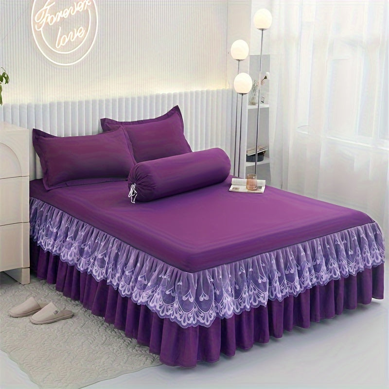 Chic 3-Piece Bed Skirt Set Featuring Double Layer Lace - Comes with 1 Bed Skirt and 2 Pillowcases, in a Solid Color. Non-Slip and Perfect for All Seasons, this Set is Machine Washable for easy care.