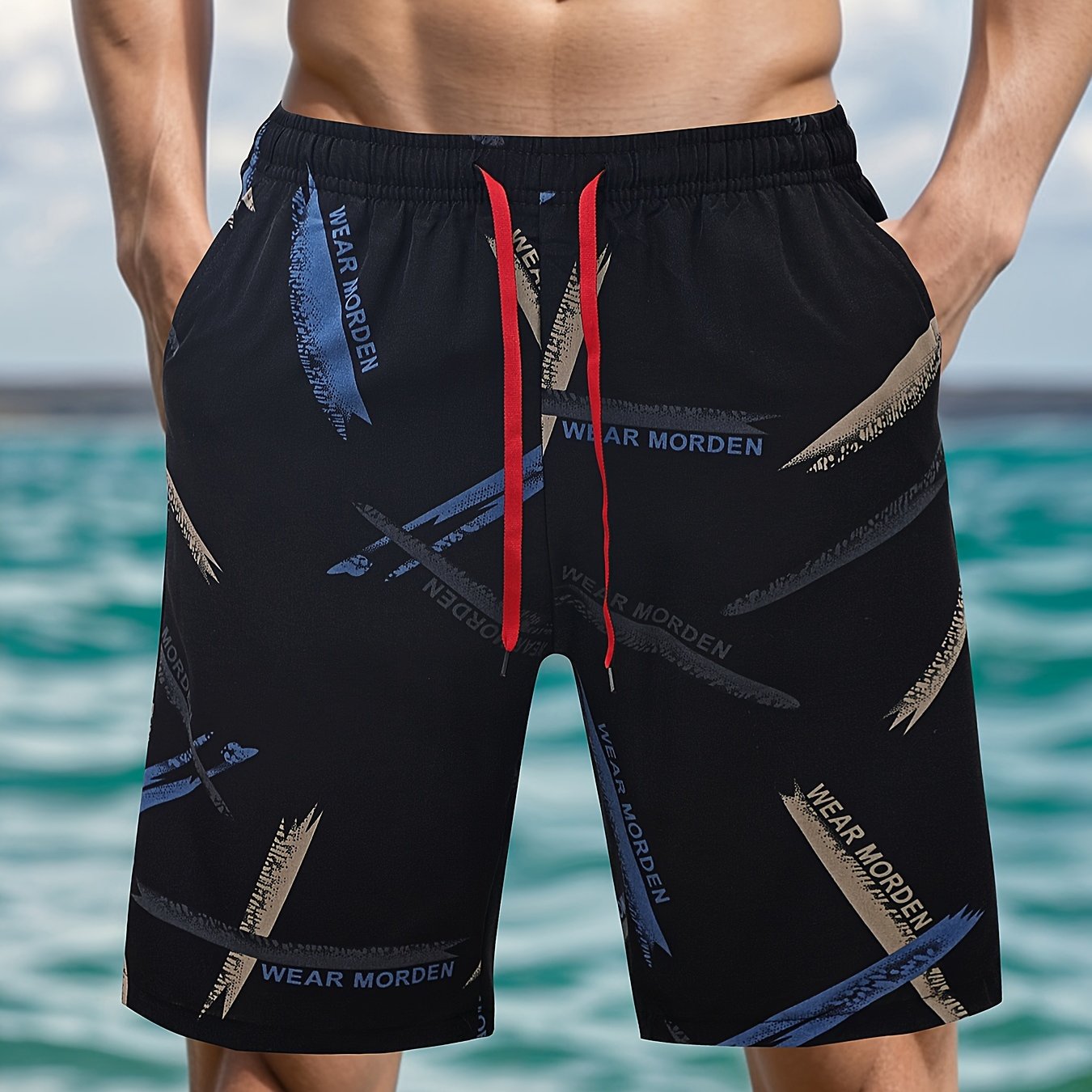 Men's summer knee-length shorts made of breathable polyester (92%) and spandex (8%) fabric with a unique print. Ideal for leisure activities, fashionable and trendy.