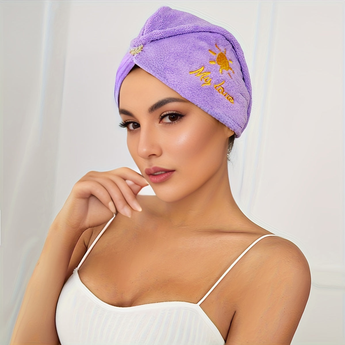 1 Hair Drying Shower Cap with Lucky Sun Embroidery coral fleece towels, bath linen, bathroom accessories - soft and absorbent.