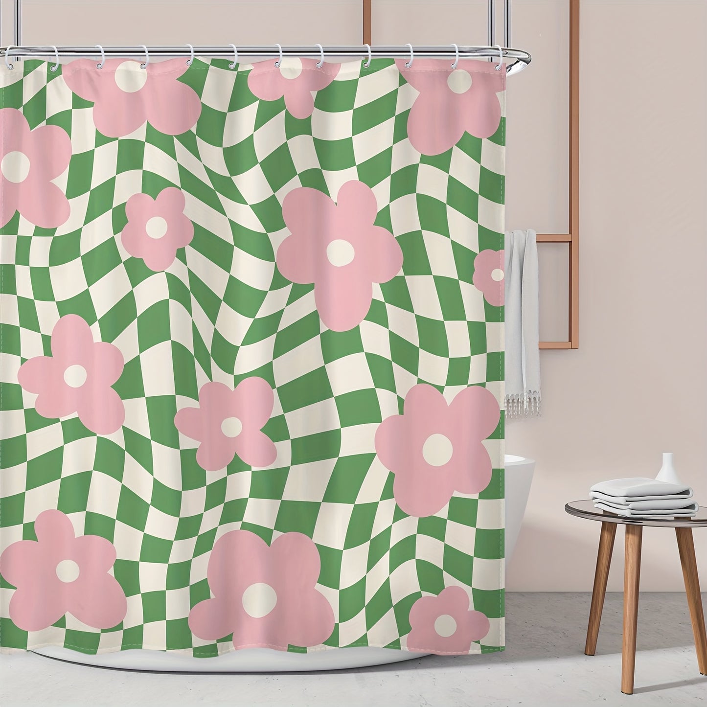 Waterproof polyester shower curtain with pink and green floral checkered design. 152.4x182.88 cm, includes hooks, machine washable. Ideal for teen bathroom decor. Provides shower privacy and vibrant bathroom decor. Easy to install.