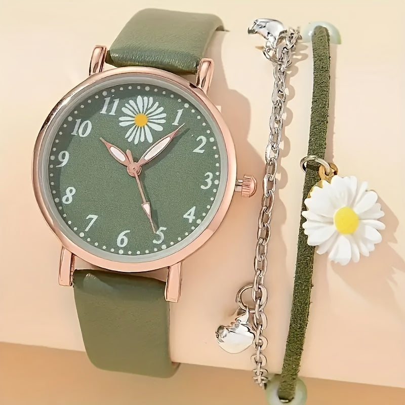 Set of 2 women's daisy design watch and charm bracelet, with faux leather strap, numerals display, zinc alloy case, and electronic movement. Non-rechargeable battery. Perfect gift for