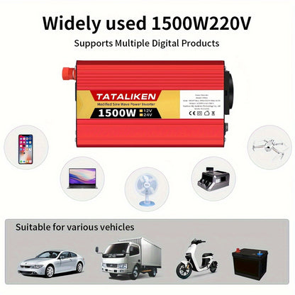 High-power 12V to 220V car inverter with 2500W-600W capacity, ideal for charging phones and tablets.