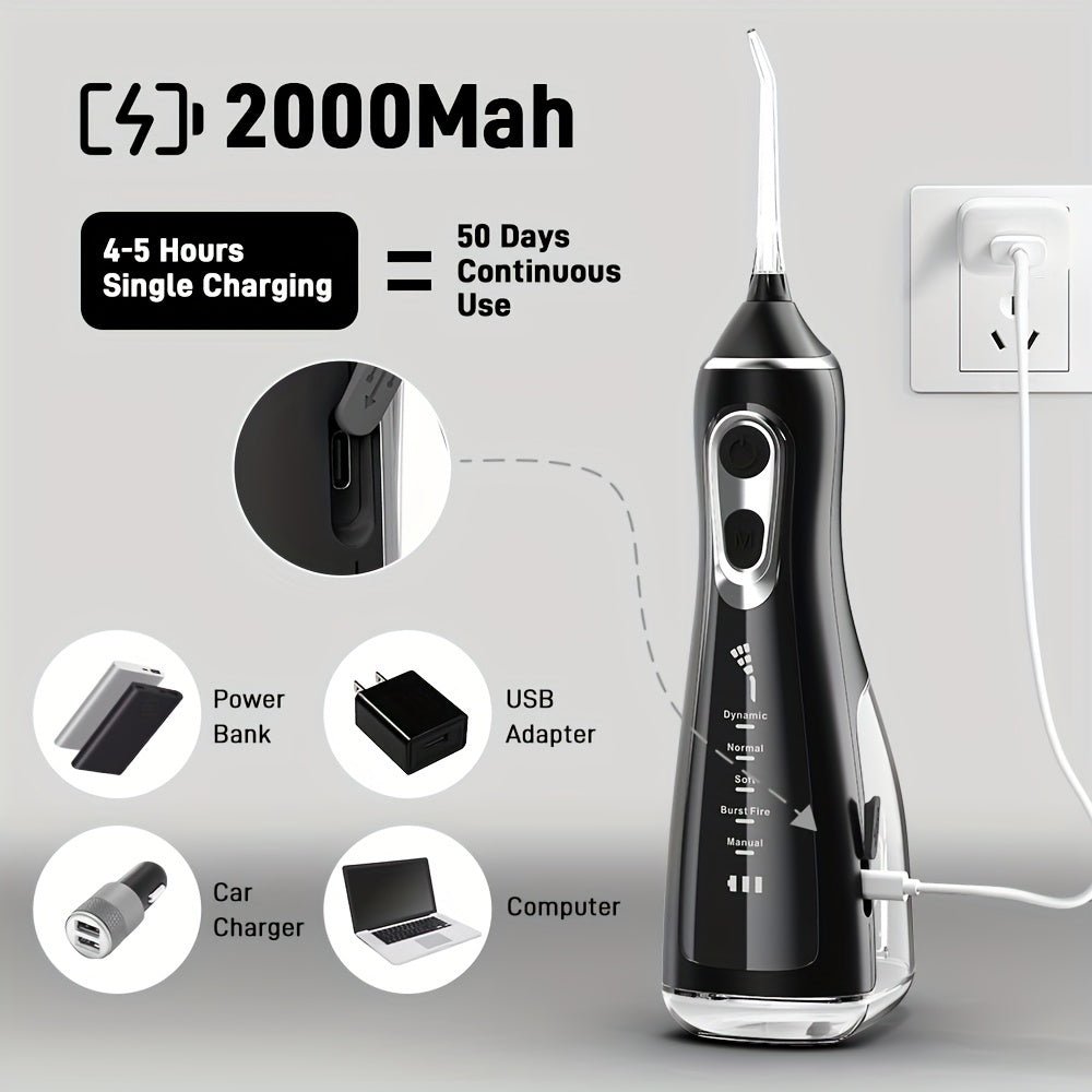 Rechargeable Water Flosser with USB charging, 5 modes, 360° cleaning, 2000mAh lithium battery, ideal gift for men and women.