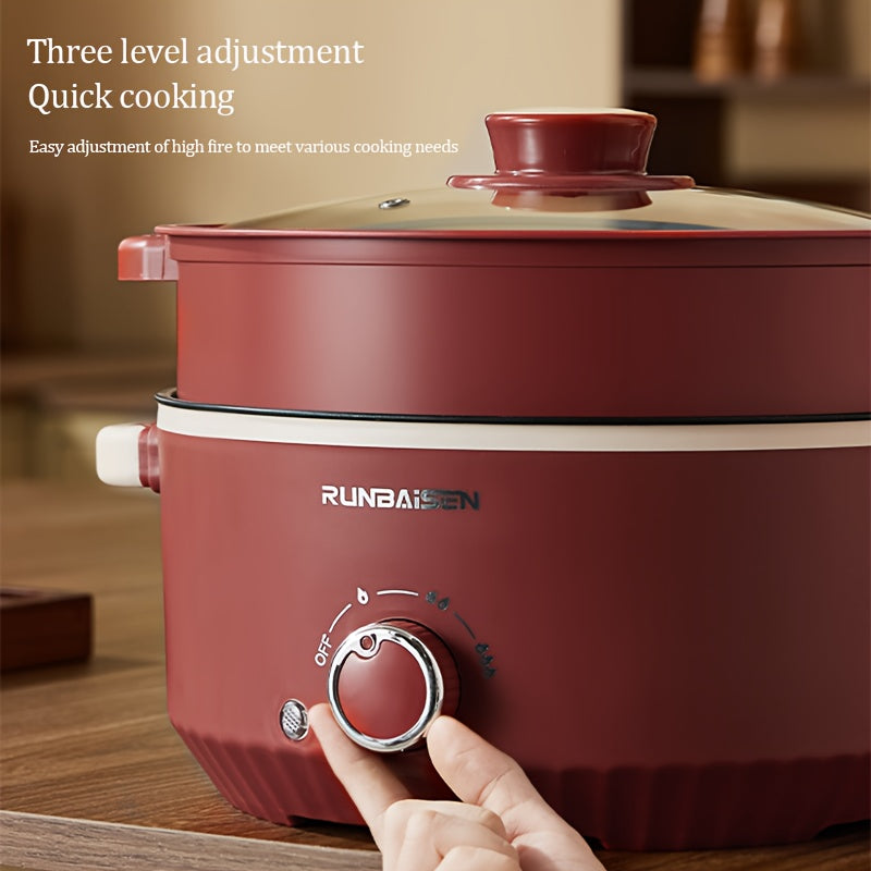 Electric cooking pot with a large capacity for home or car use, featuring a multi-functional design that combines a cooking pot, stir-fry pot, and steamer. Perfect for dormitories, this non-stick integrated pot can be used for various cooking needs.