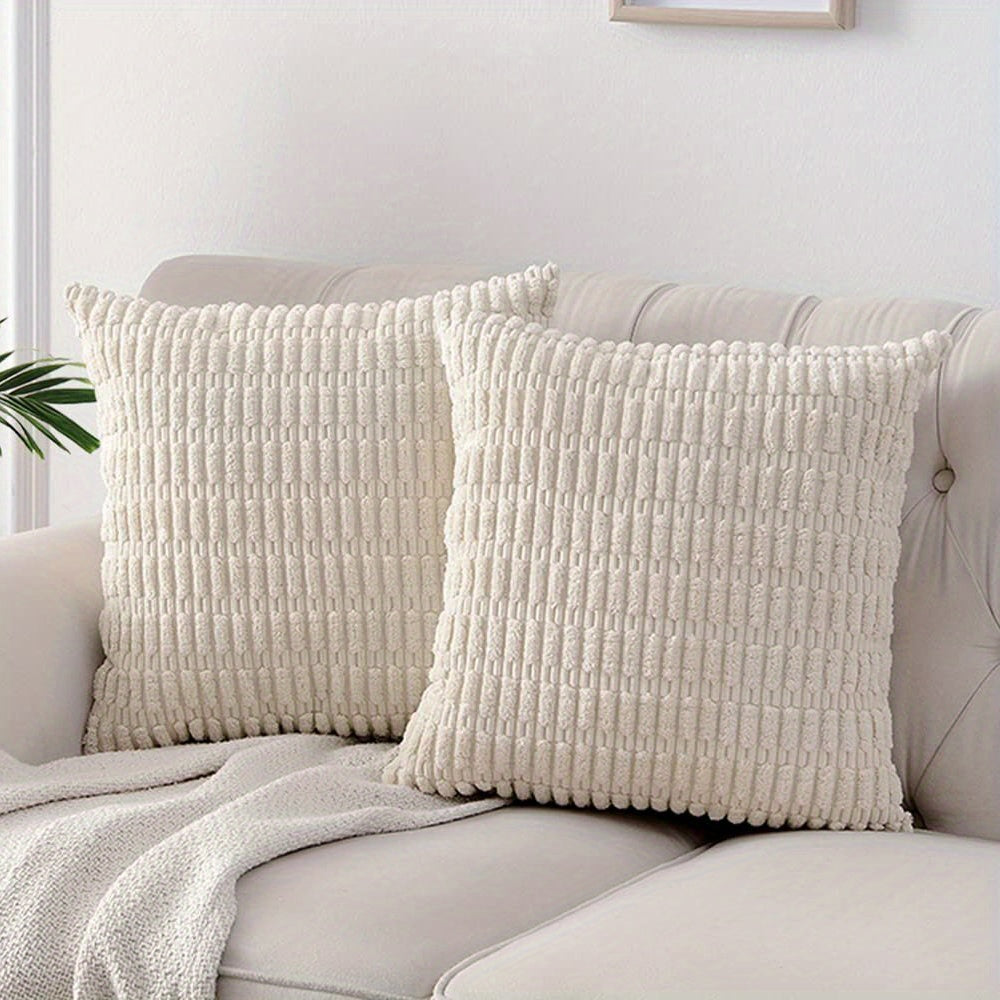 2 Corduroy Decorative Throw Pillow Covers, Soft Boho Striped design for modern farmhouse home decor, suitable for sofa, living room, couch, and bed. Pillow cores not included.