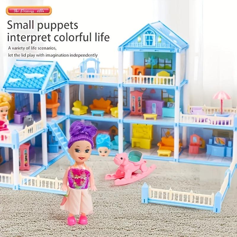 Luxurious 4-story dollhouse set with 4 dolls and accessories, perfect for children's pretend play. Available in pink or blue.