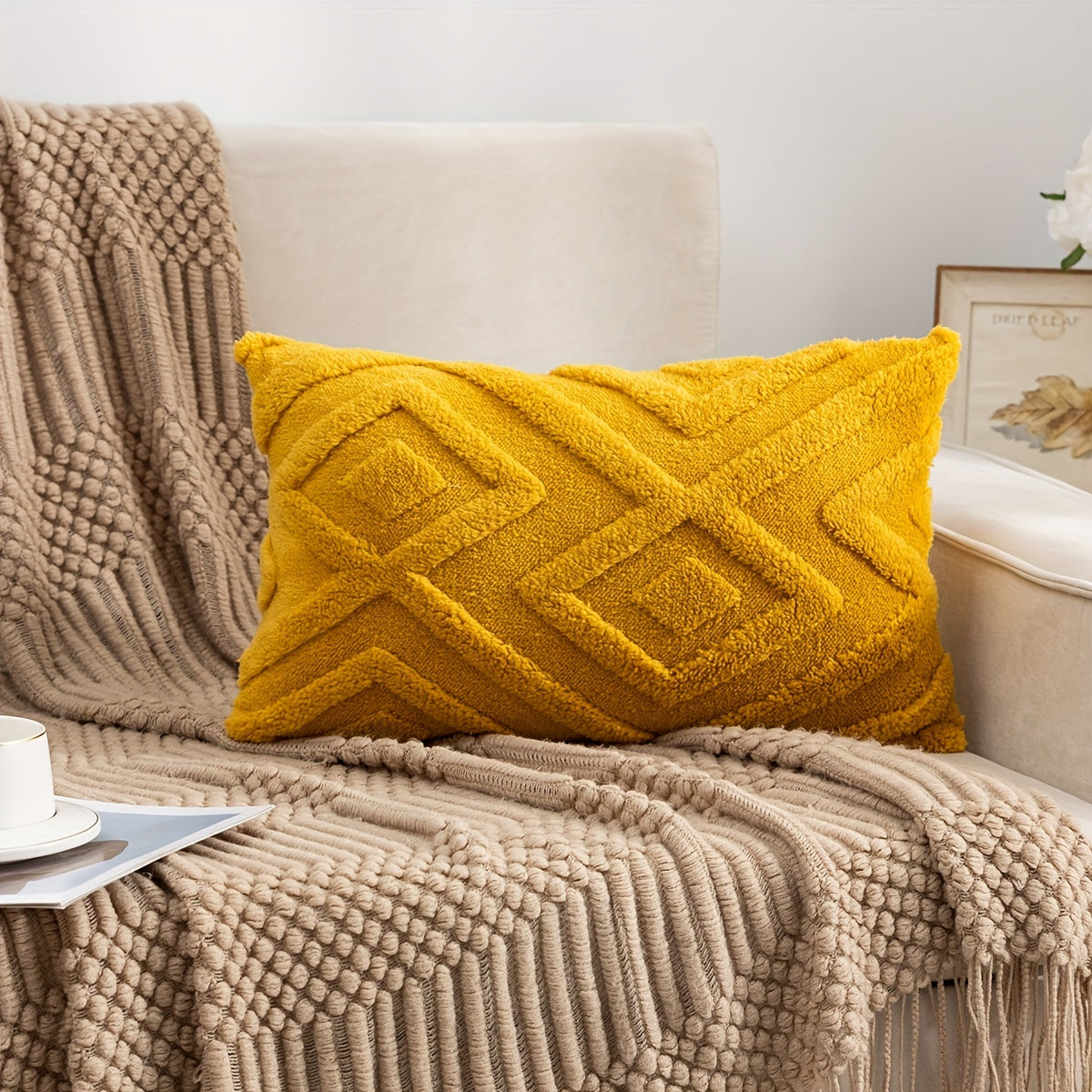 1 Bohemian Style Shaggy Chenille Throw Pillow Cover, Decorative Large Diamond Pattern Cushion Cover for Sofa Couch Home Decor - Mustard Yellow, 50.04x50.04 Cm