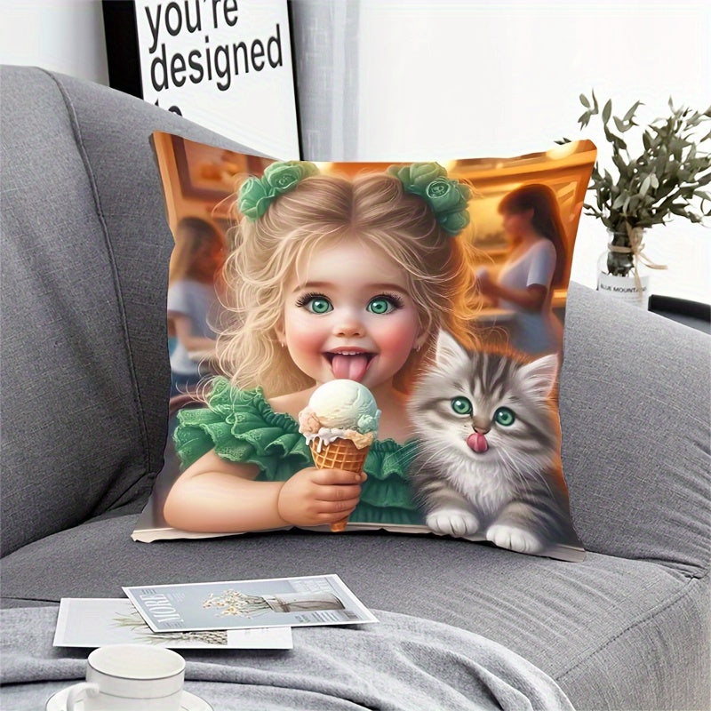 French Style Girl & Kitten Print short plush pillowcase, 44.96cm x 44.96cm, polyester knit, zippered, machine washable. Ideal for home decor.