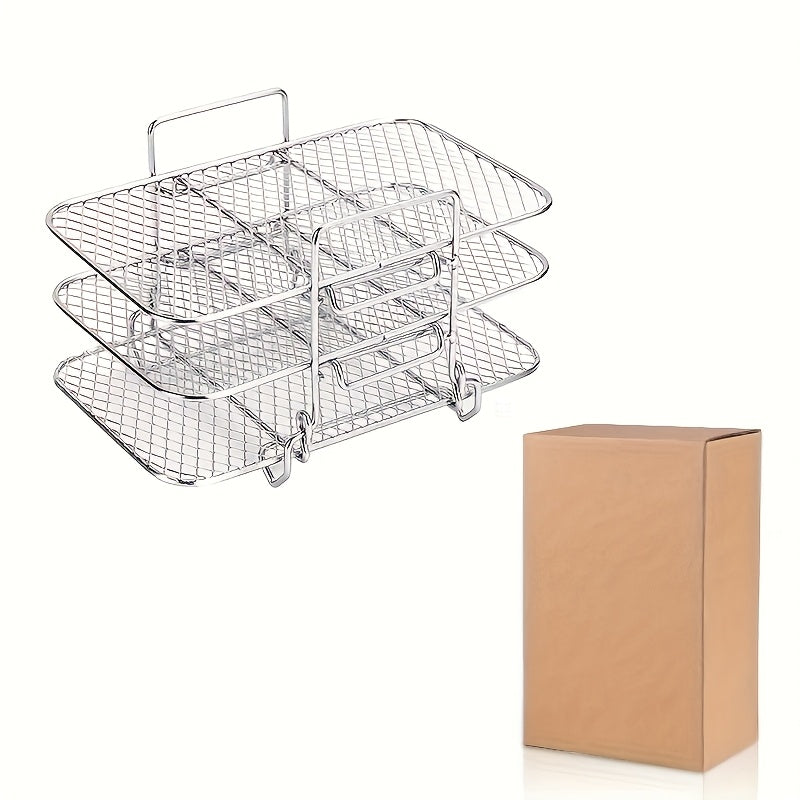 A versatile cooking rack made of durable stainless steel that can be used for frying, air frying, grilling, charcoal stove cooking, outdoor barbecuing, and more. This rack comes with feet for easy placement and can be used in a home multi-layer oven for