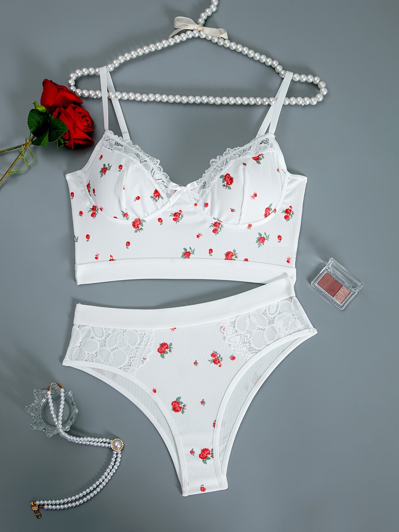 Rib knit lingerie set featuring ditsy floral print and lace contrast spaghetti straps for women.