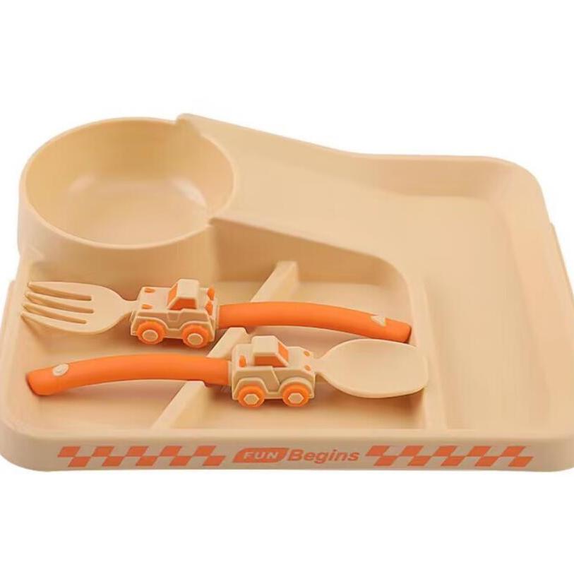 Easter Gift Set: Children's Cartoon Racing Dinner Plate with Fork, Spoon, and Baby Self-Feeding Cutlery. Includes Food Supplement Divided Bowl and Non-Slip Dinner Plate with Suction Cup.