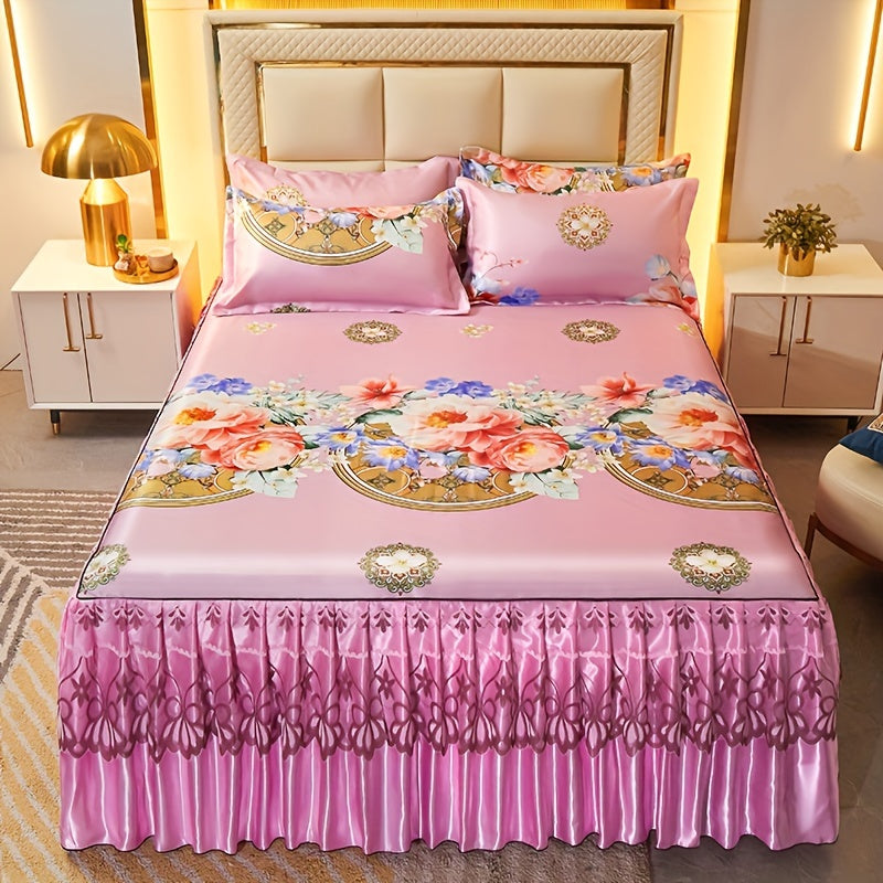 Jacquard Bed Skirt Set with Pillowcases, featuring a charming Lace Hem and Floral Pattern. Made of Soft and Comfortable 100% Polyester, this set is machine washable for easy care. Available in Contemporary Style with a Woven Fabric design, weighing 120g.