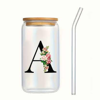 Alphabet flowers drinking glass with bamboo lid and straw, ideal birthday gift for women, friends, girls. 16 oz coffee glass, perfect for moms.