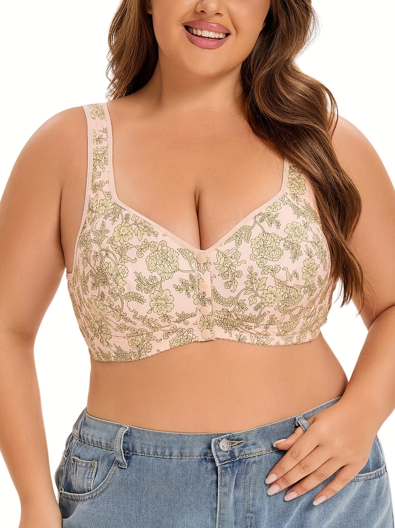 Floral polyester bralettes in plus size, wireless with front button and knit fabric, no padding, slight stretch, simple style, made of 95% polyester and 5% spandex.