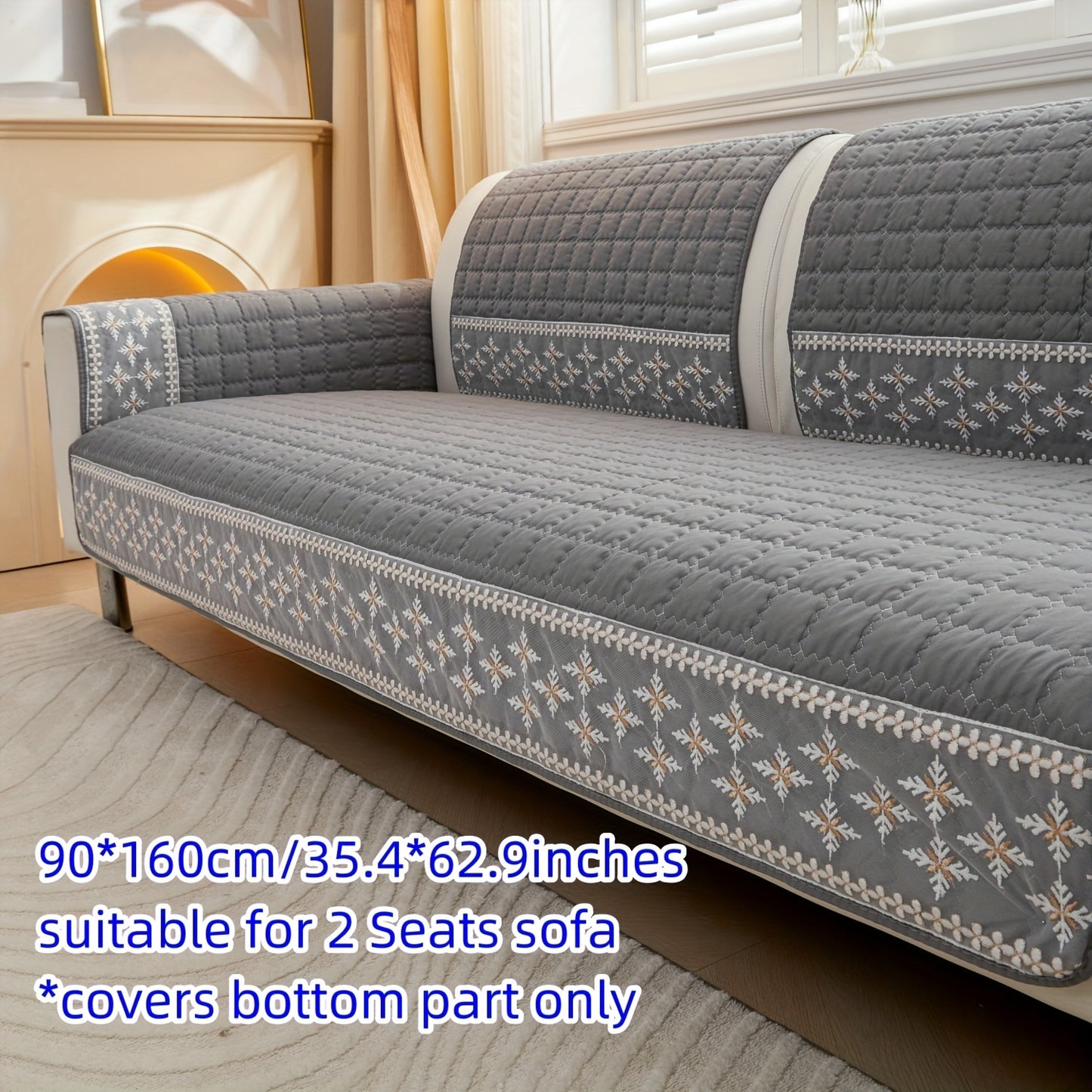 Gray velvet waffle sofa cover with lace detailing, non-slip and pet-friendly. Fits 1-4 seater sofas, machine washable.