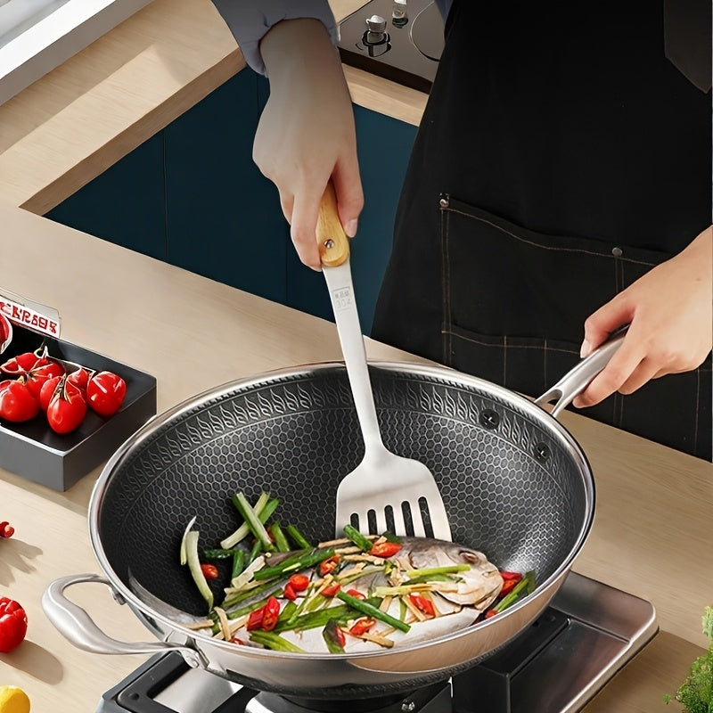 One-piece Stainless Steel Wok Set with Lid and Spatula - Non-Stick, Easy to Clean, High-Quality Stir-Fry Pan for Home and Restaurant Cooking