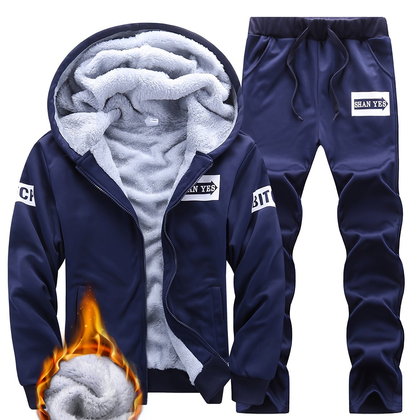 Men's winter fleece-lined hooded jacket and joggers set for a warm, thick, and stylish athletic outfit.