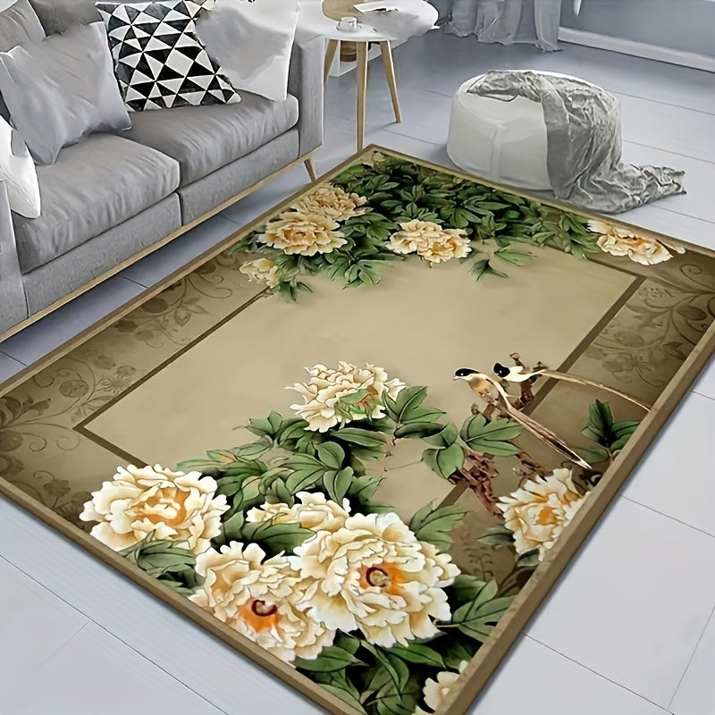 Traditional Floral Area Rug, 1 piece, Non-slip and Resistant, Machine Washable, Waterproof Carpet for Living Room, Bedroom, Outdoor Patio, Garden, and Yard Decor. Perfect for Home and Room Decor.