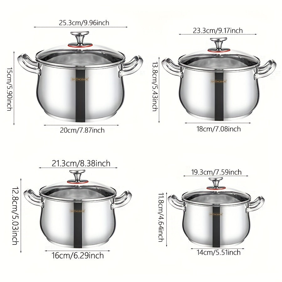 8-Piece Stainless Steel Cookware Set - Multi-functional Kitchen Pots with Lids, Deep Soup Pots featuring Double Handles for Home and Restaurant Cooking. Works with Induction and Gas Stoves, perfect for preparing Soup, Hotpot, Noodles, Pasta, and Seafood