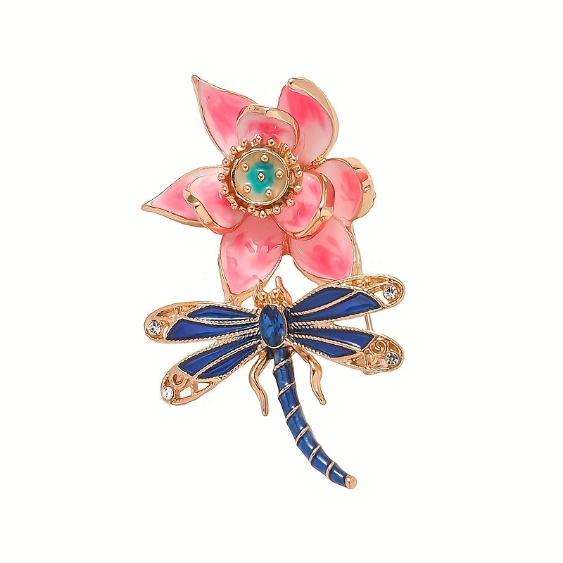 Stylish Enamel Lotus Flower and Dragonfly Brooch With Rhinestones - A Versatile Fashion Accessory for Women