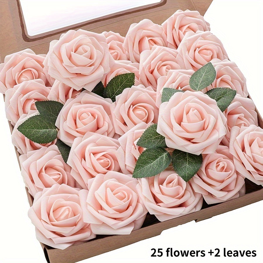 27 artificial ivory foam roses with stems and leaves, ideal for DIY wedding bouquets, bride gifts, centerpieces, and party tables.