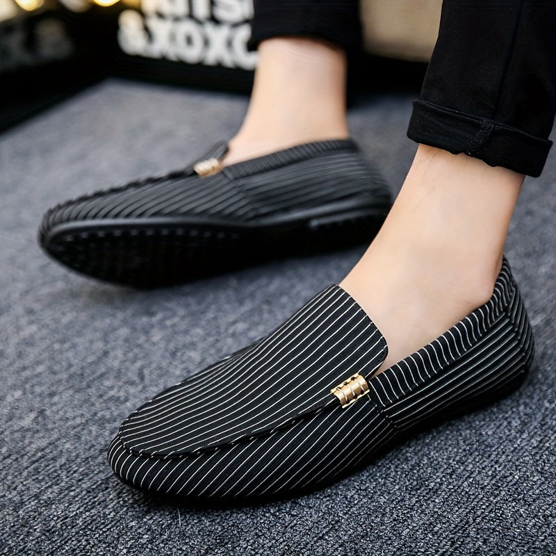 Men's slip-on loafers with stylish black and white geometric pattern, breathable mesh upper, rubber sole, and round toe. Perfect for outdoor wear in all seasons. Durable and comfortable