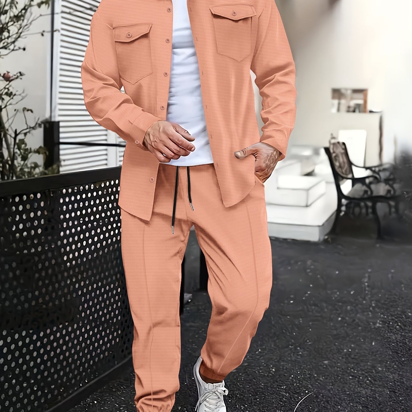 Men's casual sports suit set with long sleeve polyester shirt and matching pants, featuring multiple pockets and breathable slight stretch fabric. Designed for daily and casual wear in the