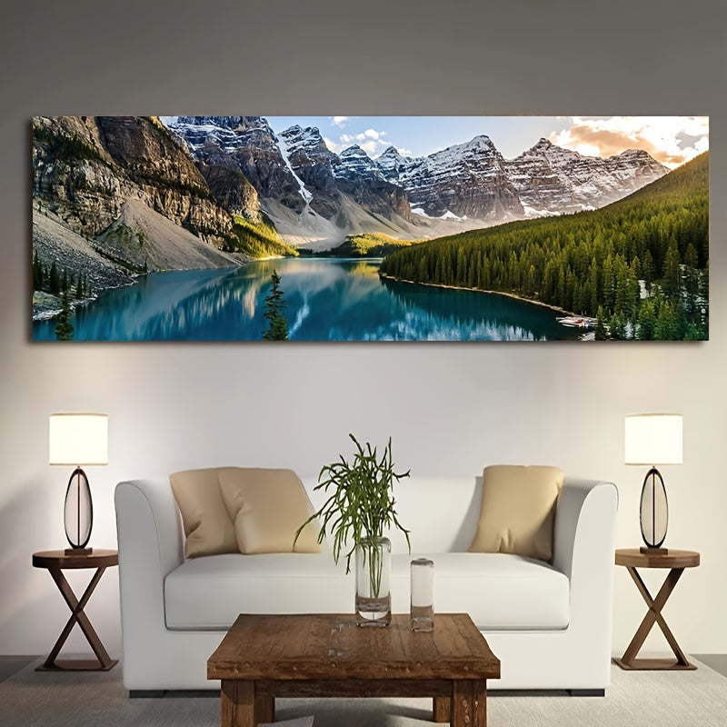 Canvas painting of Lake Forest mountain scenery for living room or bedroom decor, size 49.99*149.99cm, frame not included.