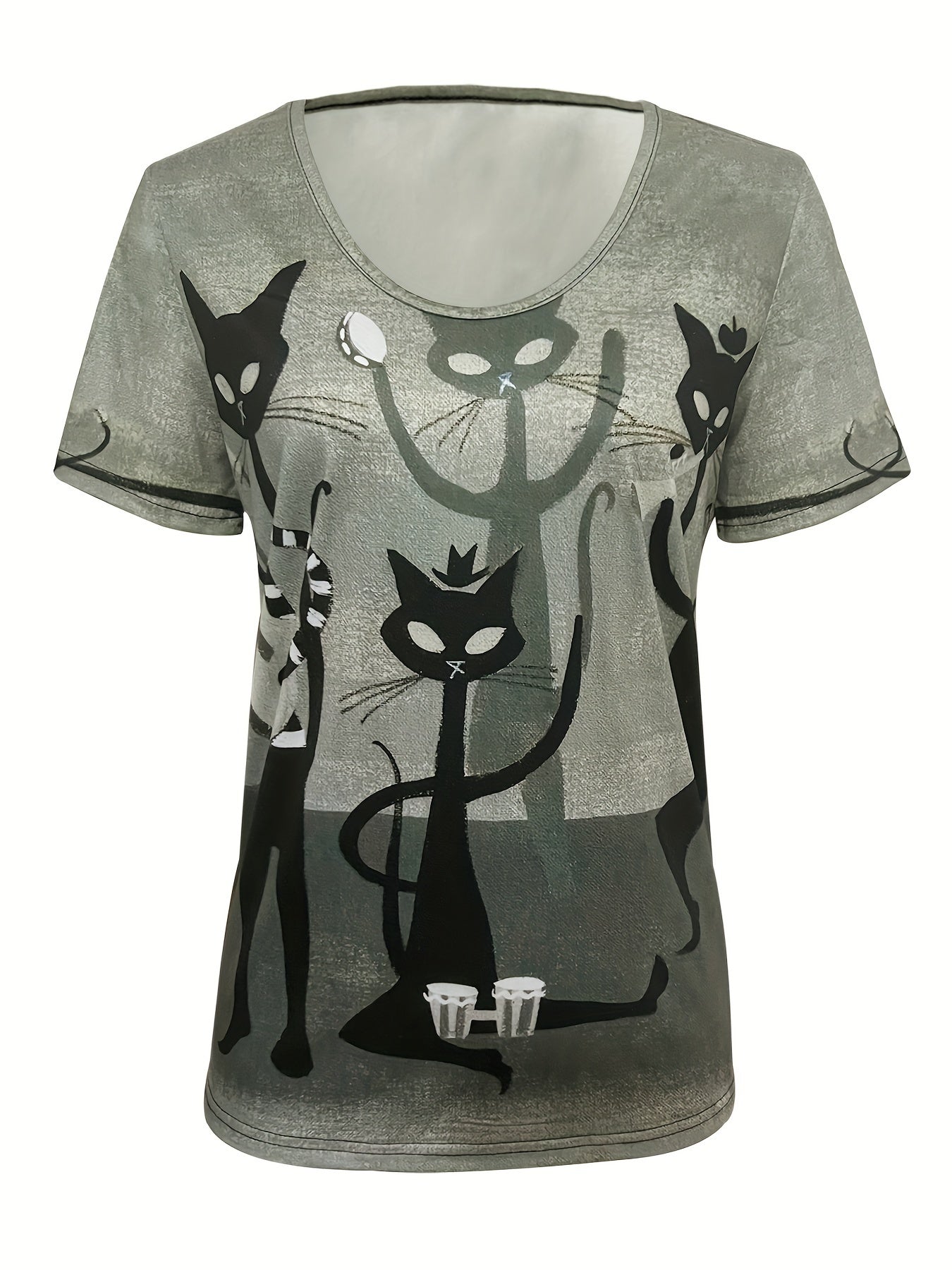 Women's casual cat print t-shirt for spring and summer.